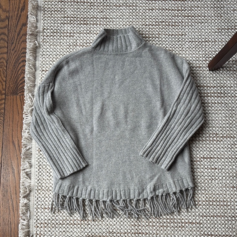 Forte Cashmere Gray Turtleneck Sweater with Fringe